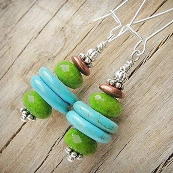 Green Jade Turquoise Earrings With Sterling Silver Earwires - Picture 1 of 8